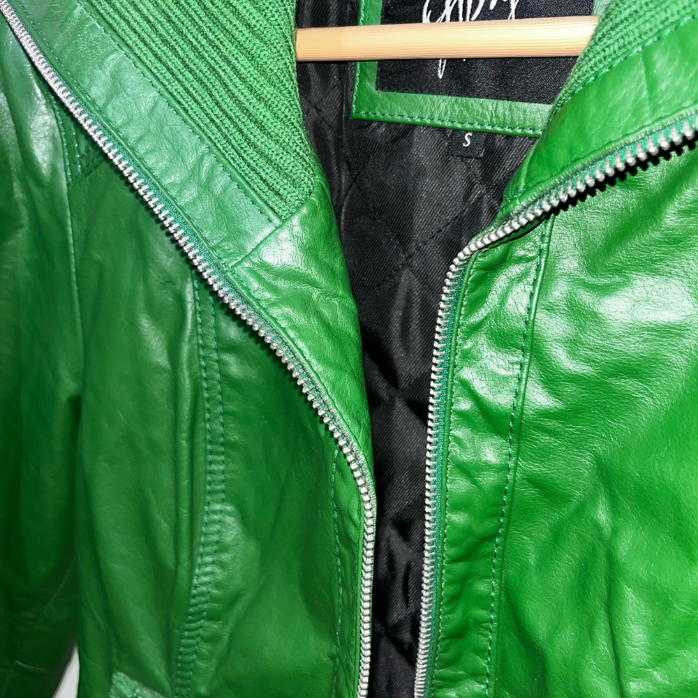 Green real leather jacket. Size S (4-6). Purchased in Europe.